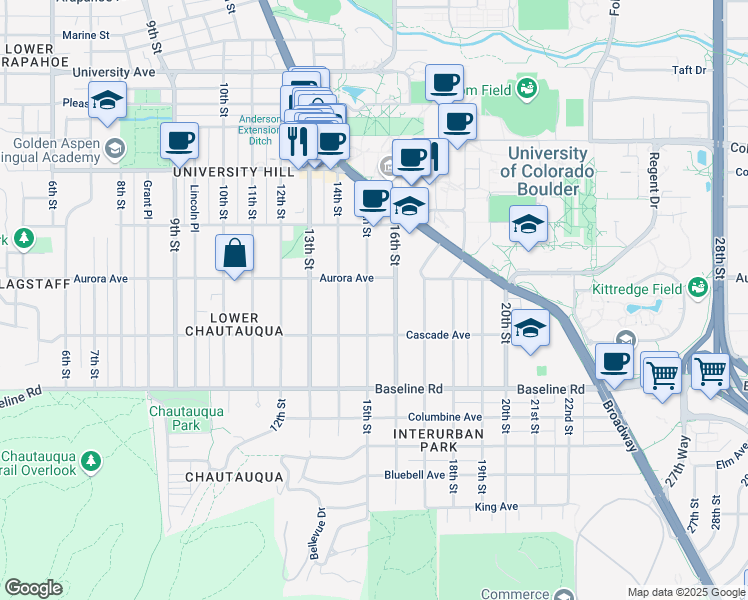 map of restaurants, bars, coffee shops, grocery stores, and more near 862 15th Street in Boulder