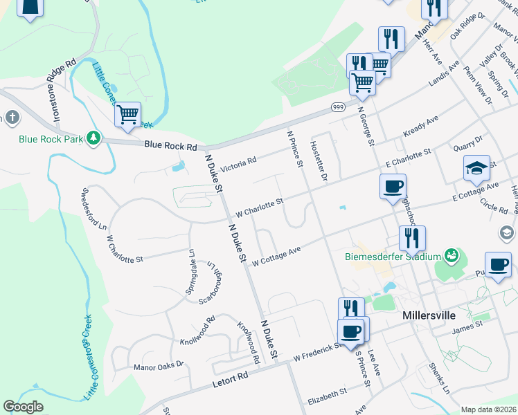 map of restaurants, bars, coffee shops, grocery stores, and more near 177 West Charlotte Street in Millersville