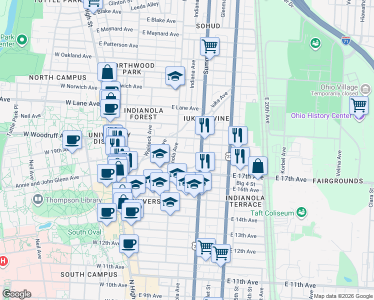map of restaurants, bars, coffee shops, grocery stores, and more near 236 East 18th Avenue in Columbus