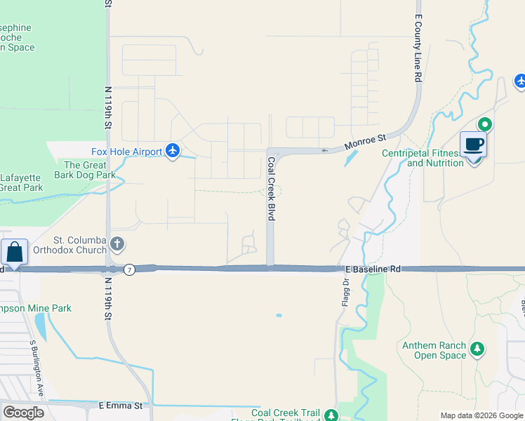 map of restaurants, bars, coffee shops, grocery stores, and more near 12699 East Baseline Road in Lafayette