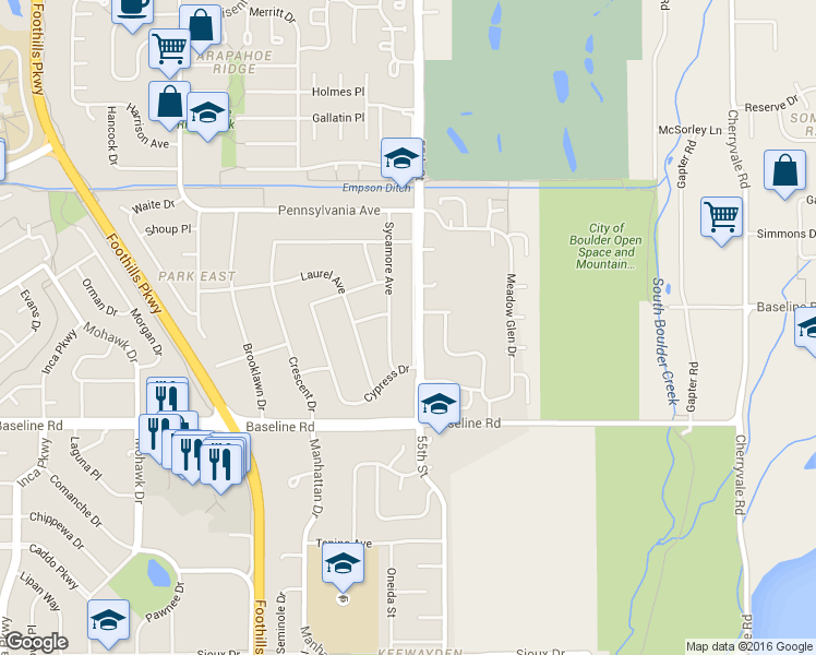 map of restaurants, bars, coffee shops, grocery stores, and more near 898 Sycamore Avenue in Boulder