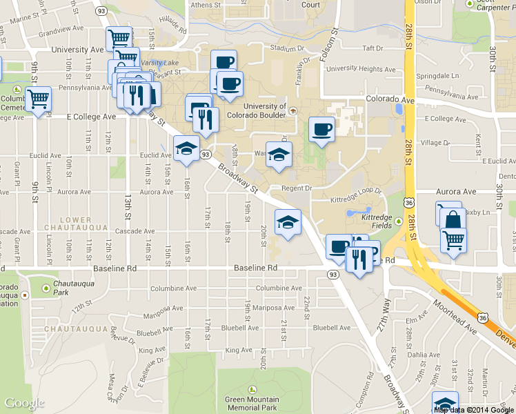 map of restaurants, bars, coffee shops, grocery stores, and more near 915 Broadway in Boulder