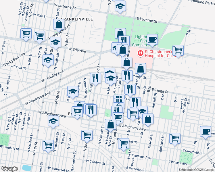 map of restaurants, bars, coffee shops, grocery stores, and more near 157 West Tioga Street in Philadelphia