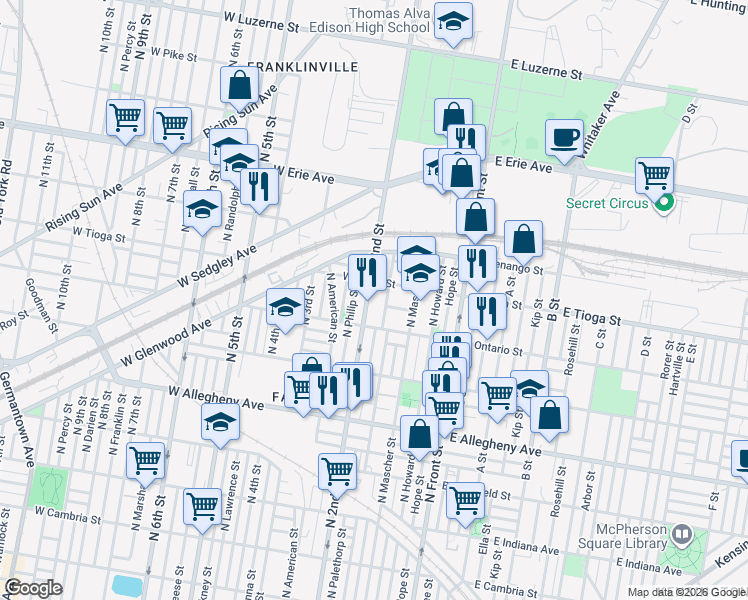 map of restaurants, bars, coffee shops, grocery stores, and more near in Philadelphia