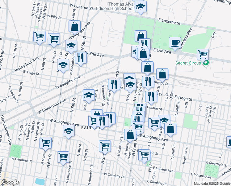 map of restaurants, bars, coffee shops, grocery stores, and more near in Philadelphia