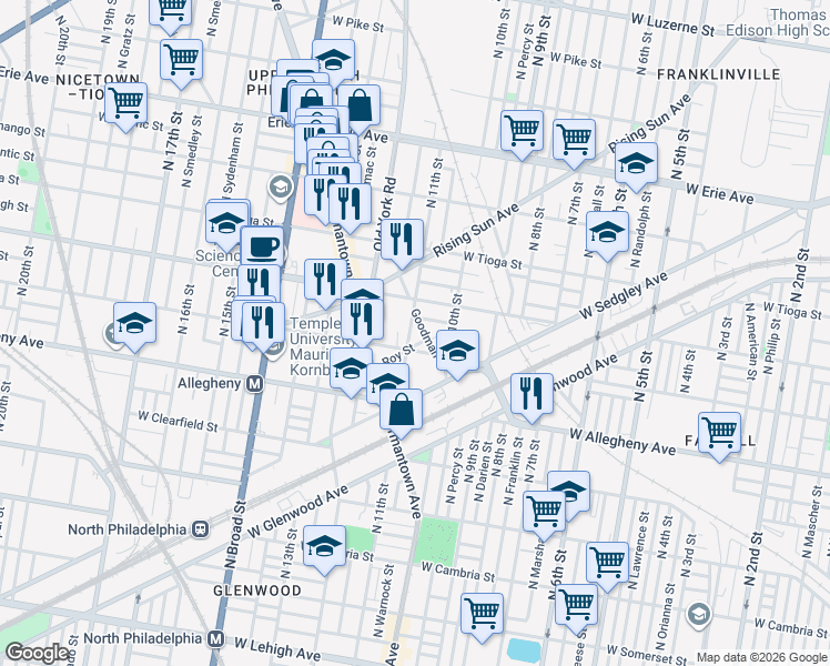 map of restaurants, bars, coffee shops, grocery stores, and more near 3341 North 11th Street in Philadelphia