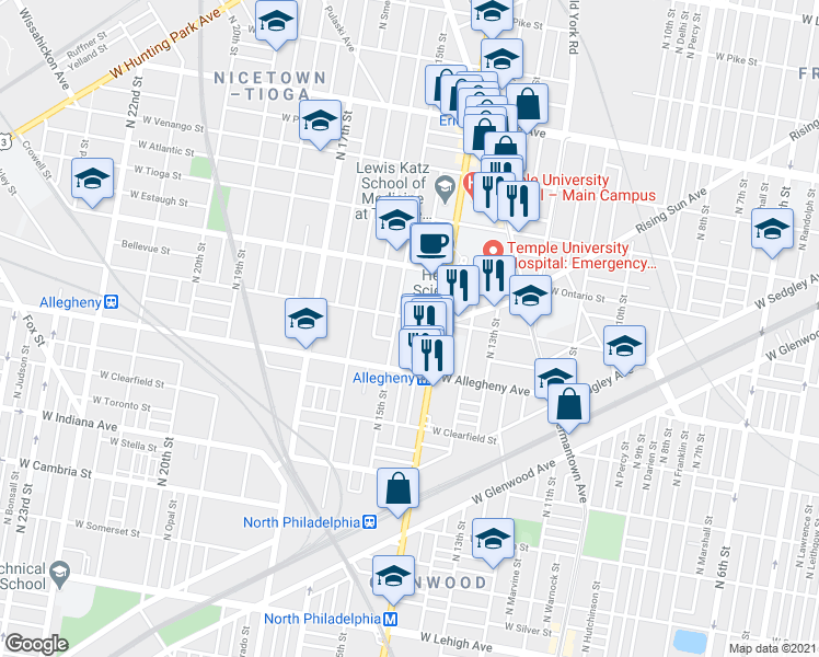 map of restaurants, bars, coffee shops, grocery stores, and more near 1411 West Westmoreland Street in Philadelphia