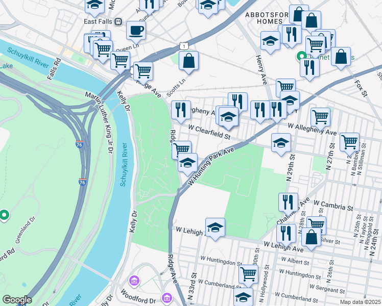 map of restaurants, bars, coffee shops, grocery stores, and more near 3000 North 34th Street in Philadelphia