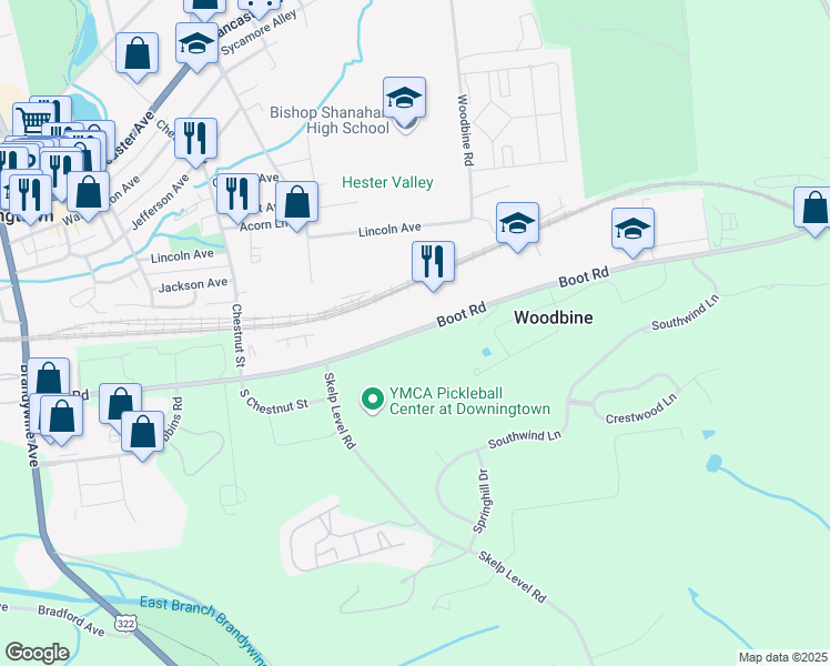 map of restaurants, bars, coffee shops, grocery stores, and more near 455-647 West Boot Road in Downingtown