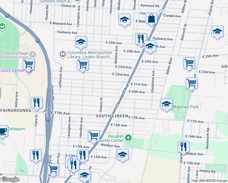 map of restaurants, bars, coffee shops, grocery stores, and more near 1218 East 20th Avenue in Columbus