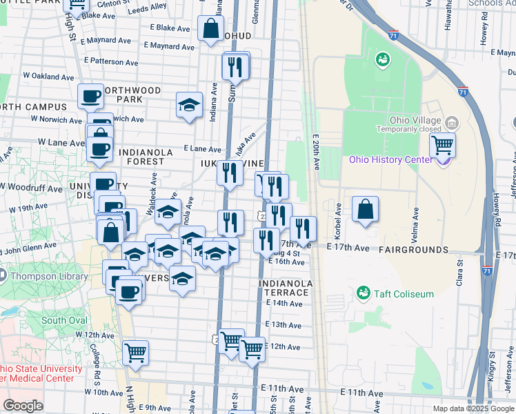 map of restaurants, bars, coffee shops, grocery stores, and more near 336 East 19th Avenue in Columbus