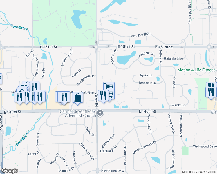 map of restaurants, bars, coffee shops, grocery stores, and more near 14751 Carey Road in Carmel