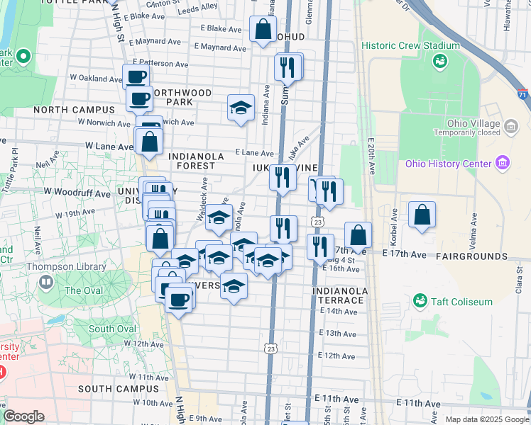 map of restaurants, bars, coffee shops, grocery stores, and more near 252 East 18th Avenue in Columbus