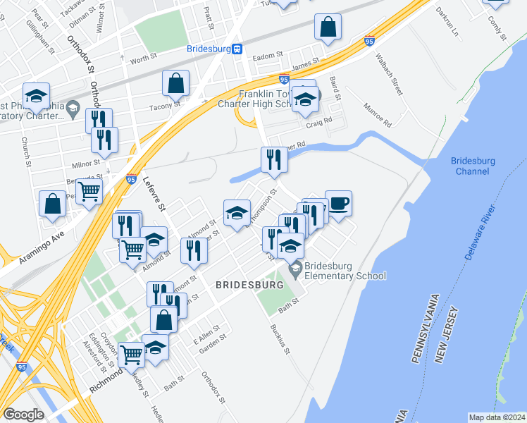 map of restaurants, bars, coffee shops, grocery stores, and more near 4727 East Thompson Street in Philadelphia