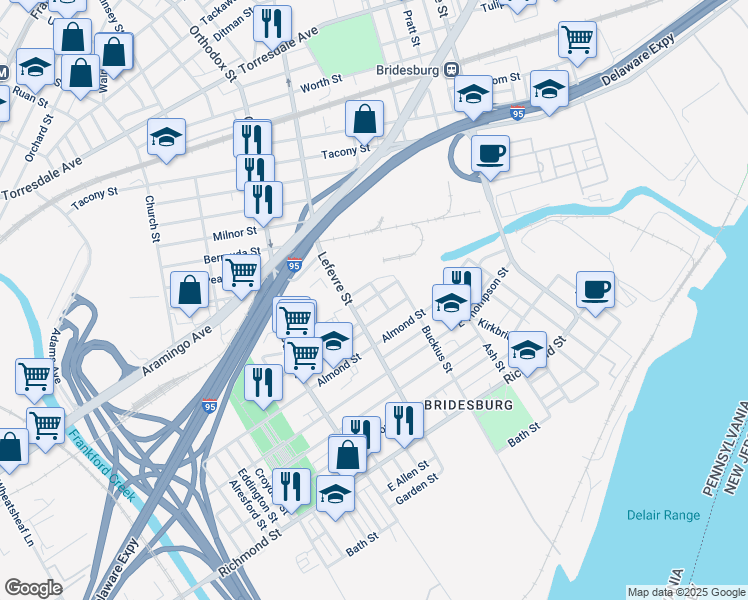 map of restaurants, bars, coffee shops, grocery stores, and more near 4525 Miller Street in Philadelphia