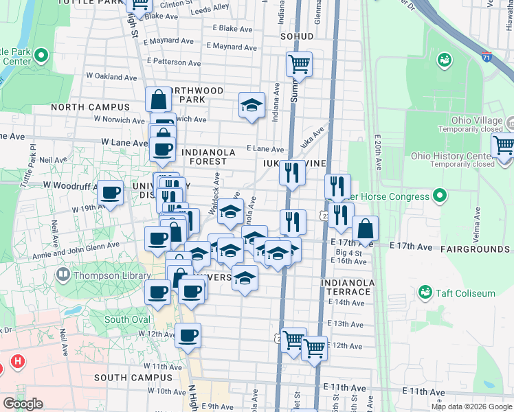 map of restaurants, bars, coffee shops, grocery stores, and more near 1968 Indianola Avenue in Columbus