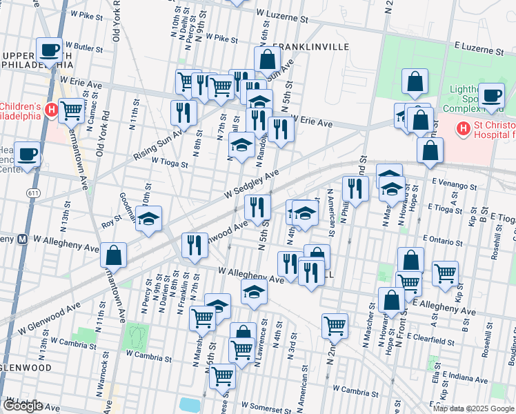 map of restaurants, bars, coffee shops, grocery stores, and more near 3416 North Reese Street in Philadelphia