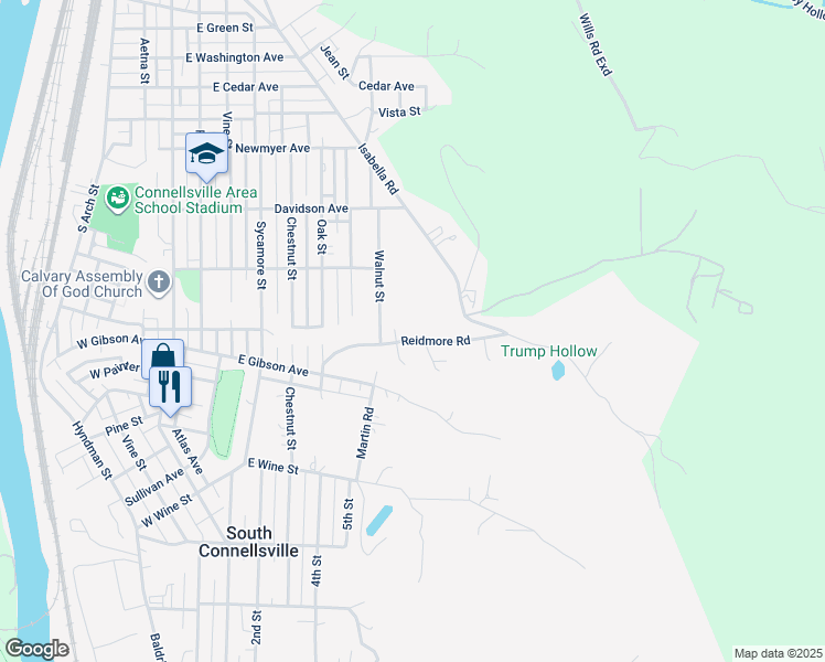 map of restaurants, bars, coffee shops, grocery stores, and more near 438 Reidmore Rd in South Connellsville