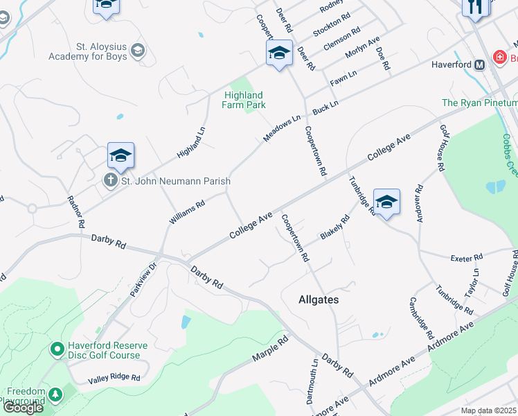 map of restaurants, bars, coffee shops, grocery stores, and more near 108 College Avenue in Haverford