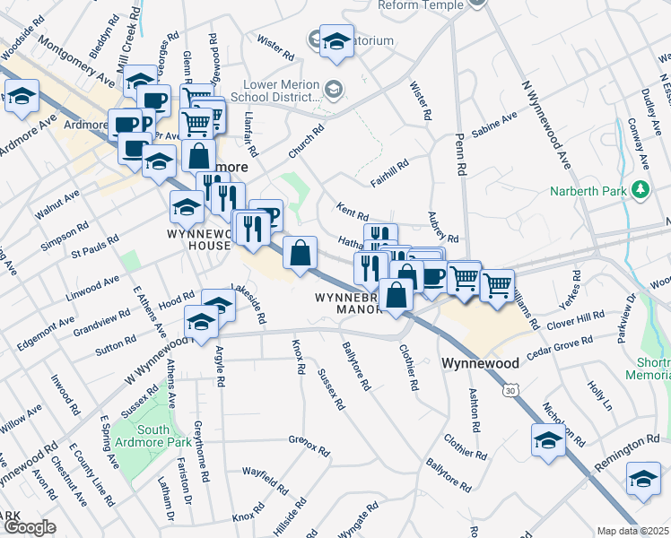 map of restaurants, bars, coffee shops, grocery stores, and more near 287 East Lancaster Avenue in Ardmore