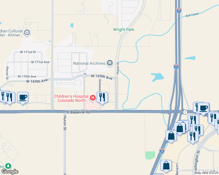 map of restaurants, bars, coffee shops, grocery stores, and more near 16871 Huron Street in Broomfield