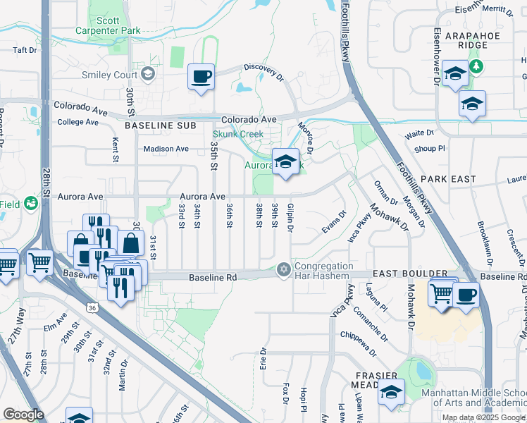 map of restaurants, bars, coffee shops, grocery stores, and more near 850 38th Street in Boulder