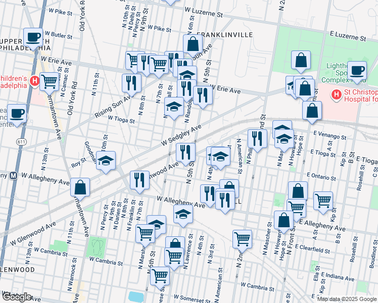 map of restaurants, bars, coffee shops, grocery stores, and more near 3421 North Reese Street in Philadelphia