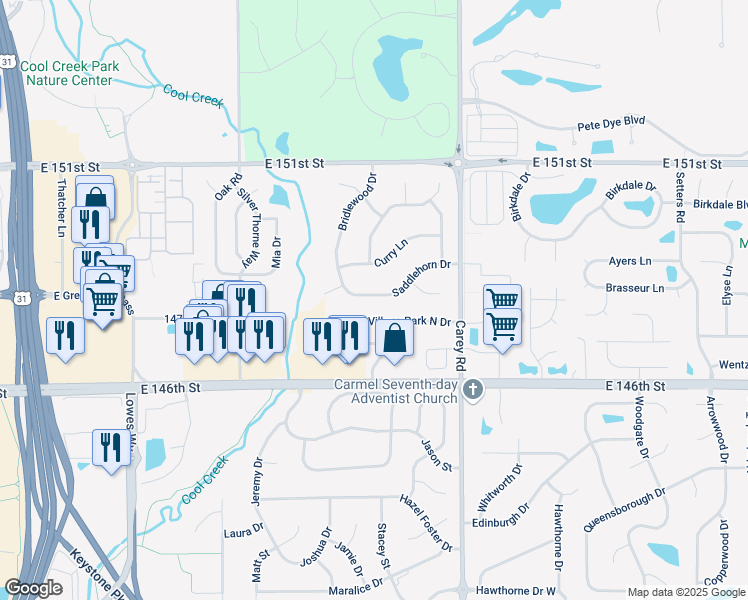 map of restaurants, bars, coffee shops, grocery stores, and more near 2929 Saddlehorn Drive in Carmel