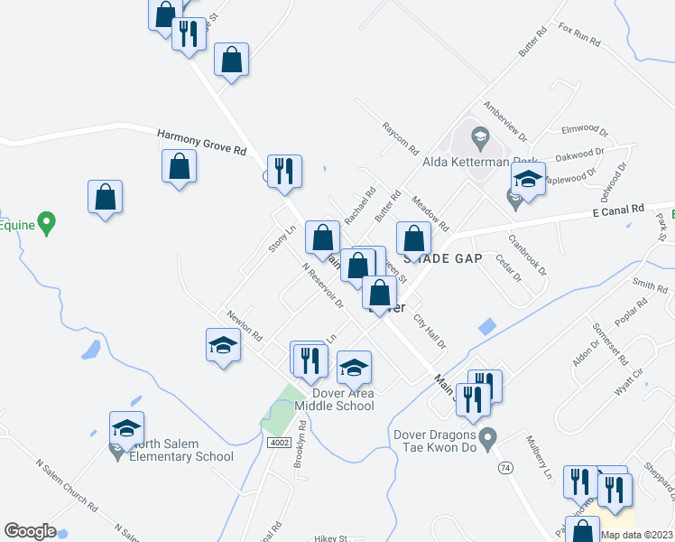 map of restaurants, bars, coffee shops, grocery stores, and more near 52 North Main Street in Dover