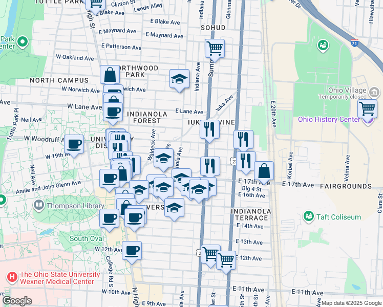 map of restaurants, bars, coffee shops, grocery stores, and more near 1986 Indianola Avenue in Columbus