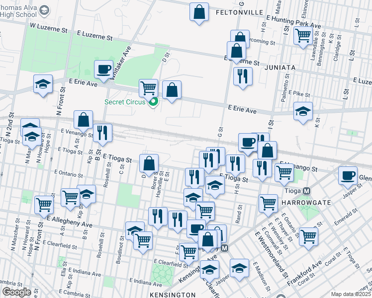 map of restaurants, bars, coffee shops, grocery stores, and more near 701 East Venango Street in Philadelphia