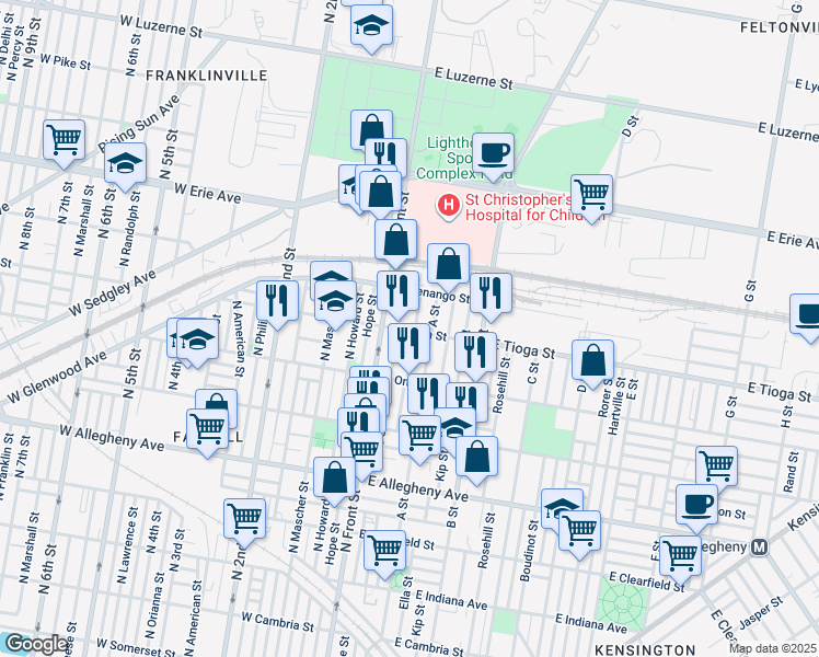 map of restaurants, bars, coffee shops, grocery stores, and more near 3500 North Water Street in Philadelphia