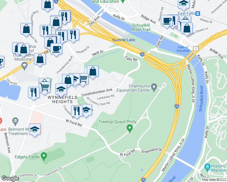 map of restaurants, bars, coffee shops, grocery stores, and more near 3716 Conshohocken Avenue in Philadelphia