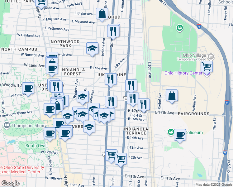 map of restaurants, bars, coffee shops, grocery stores, and more near 325 East 19th Avenue in Columbus