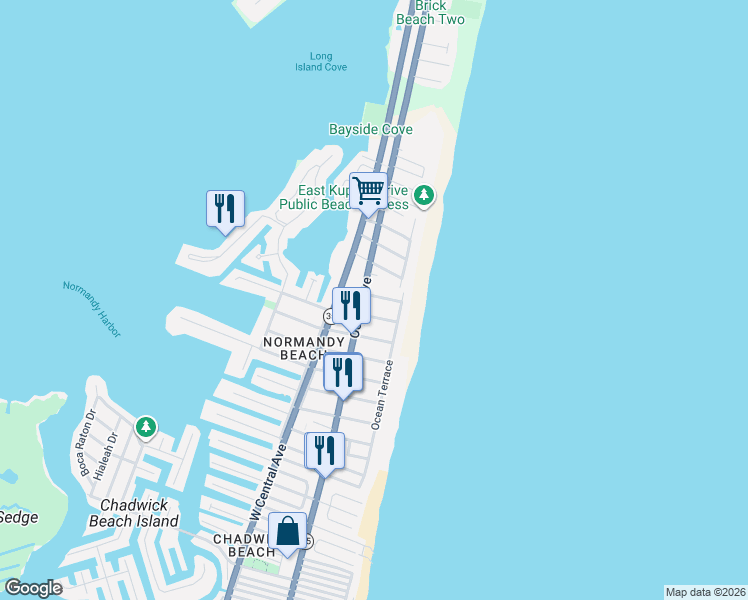 map of restaurants, bars, coffee shops, grocery stores, and more near 109 8th Avenue in Mantoloking