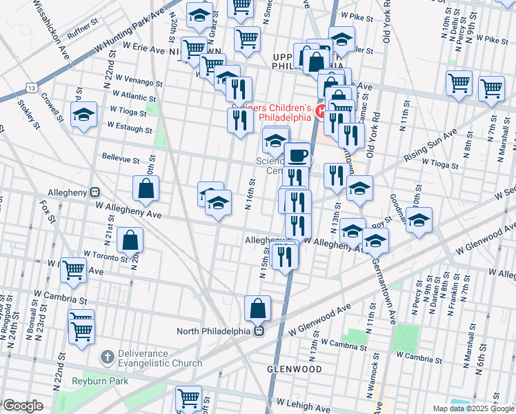 map of restaurants, bars, coffee shops, grocery stores, and more near 3240 North Sydenham Street in Philadelphia