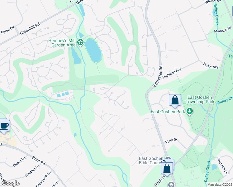 map of restaurants, bars, coffee shops, grocery stores, and more near 293 Devon Lane in West Chester