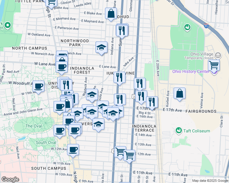 map of restaurants, bars, coffee shops, grocery stores, and more near 1975 Summit Street in Columbus