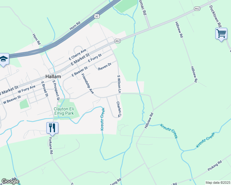 map of restaurants, bars, coffee shops, grocery stores, and more near 433 Friendship Avenue in Hallam