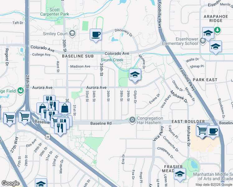 map of restaurants, bars, coffee shops, grocery stores, and more near 885 38th Street in Boulder