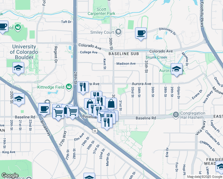 map of restaurants, bars, coffee shops, grocery stores, and more near 2990 Aurora Avenue in Boulder