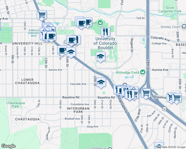 map of restaurants, bars, coffee shops, grocery stores, and more near in Boulder