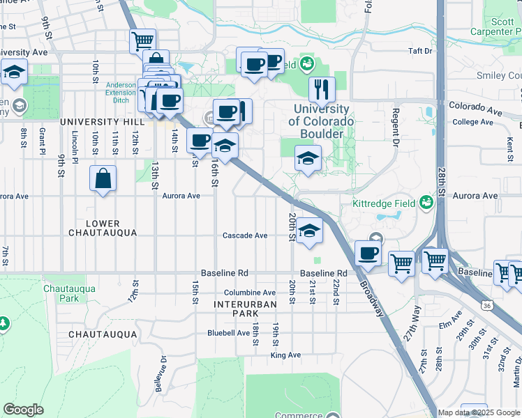 map of restaurants, bars, coffee shops, grocery stores, and more near 890 18th Street in Boulder