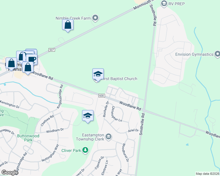 map of restaurants, bars, coffee shops, grocery stores, and more near 1345 Woodlane Road in Mount Holly