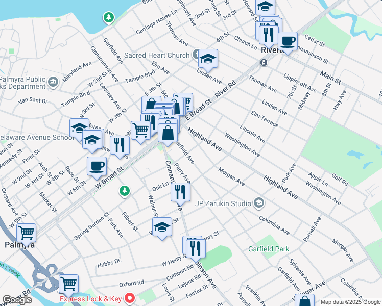 map of restaurants, bars, coffee shops, grocery stores, and more near 628 Garfield Avenue in Palmyra