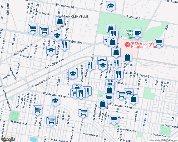 map of restaurants, bars, coffee shops, grocery stores, and more near 3440 North 2nd Street in Philadelphia
