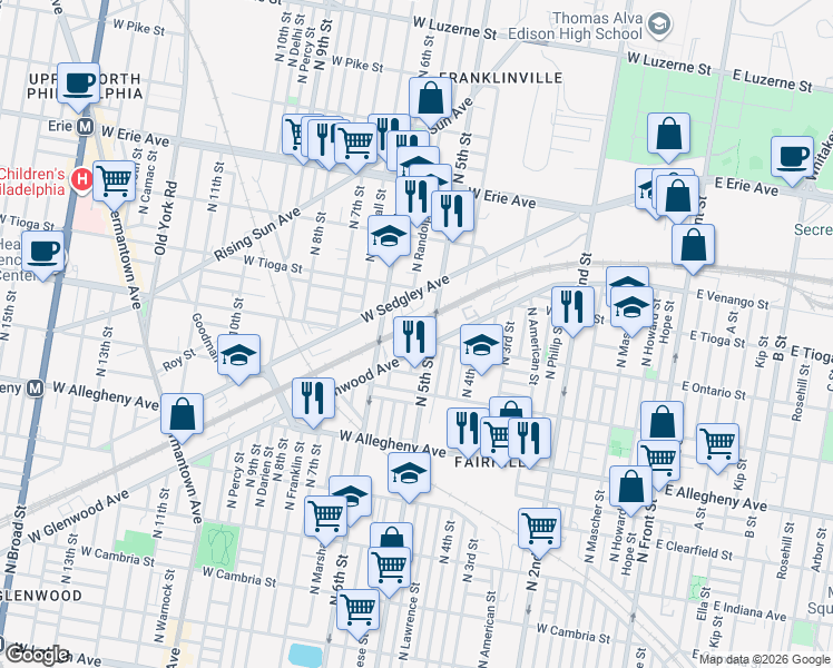 map of restaurants, bars, coffee shops, grocery stores, and more near 3428 North 5th Street in Philadelphia