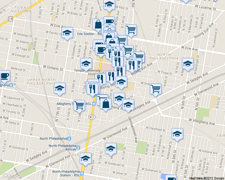 map of restaurants, bars, coffee shops, grocery stores, and more near in Philadelphia