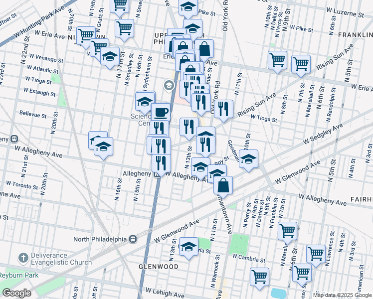 map of restaurants, bars, coffee shops, grocery stores, and more near 1238 Rising Sun Avenue in Philadelphia