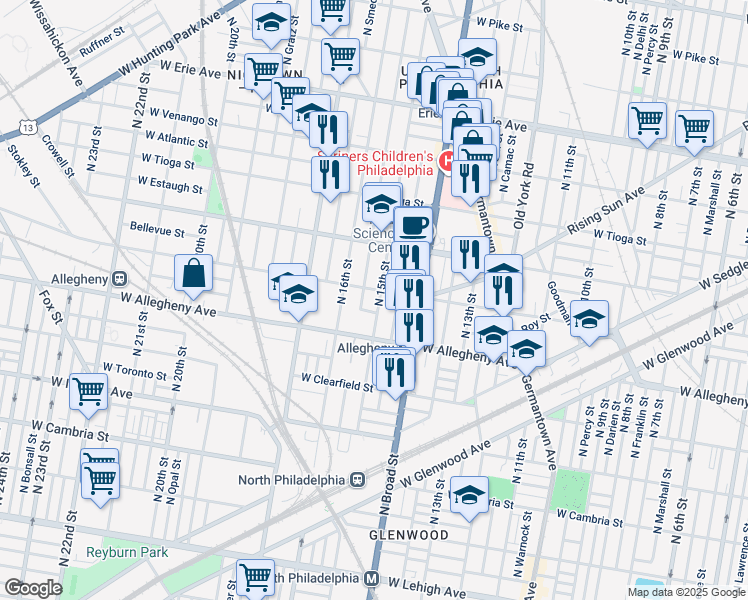 map of restaurants, bars, coffee shops, grocery stores, and more near 3300 North 15th Street in Philadelphia